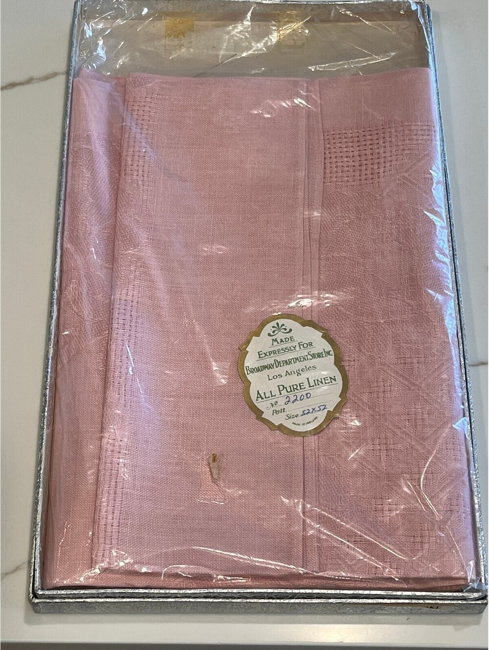 Vintage 1950's Deadstock Pink Irish linen table cloth 52 X 52 W/ LA history